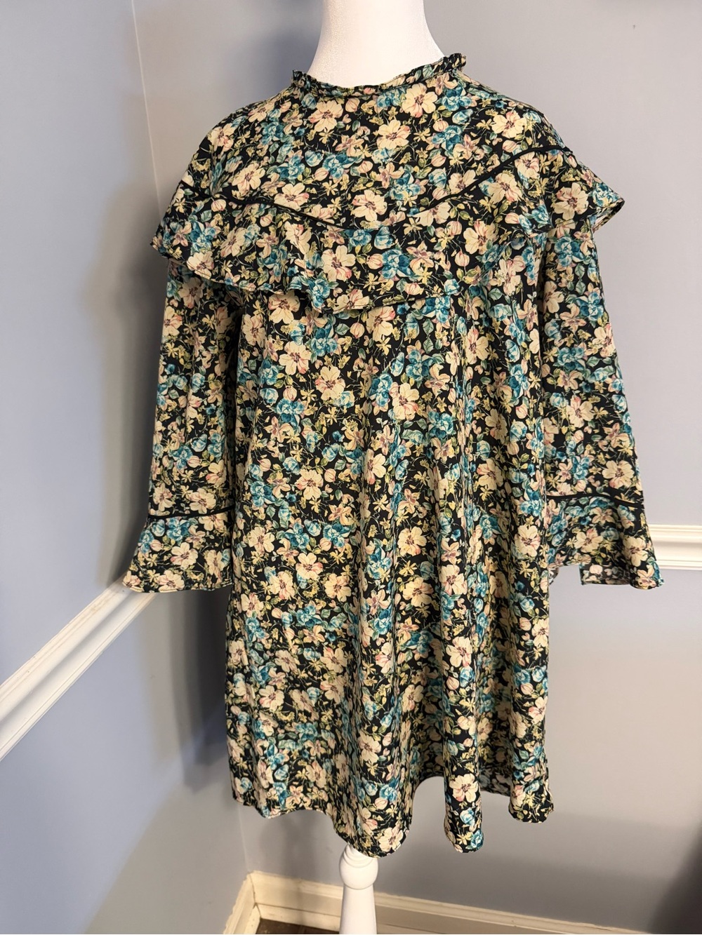 Zara Black Floral Ruffle Yoke Dress with Cream & Blue Blooms